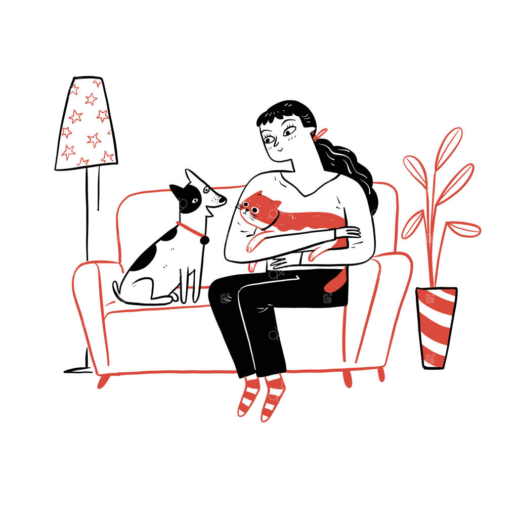 دختر جوانی در یک روز پاییزی با گربه و سگش روی صندلی راحتی در خانه استراحت می‌کند