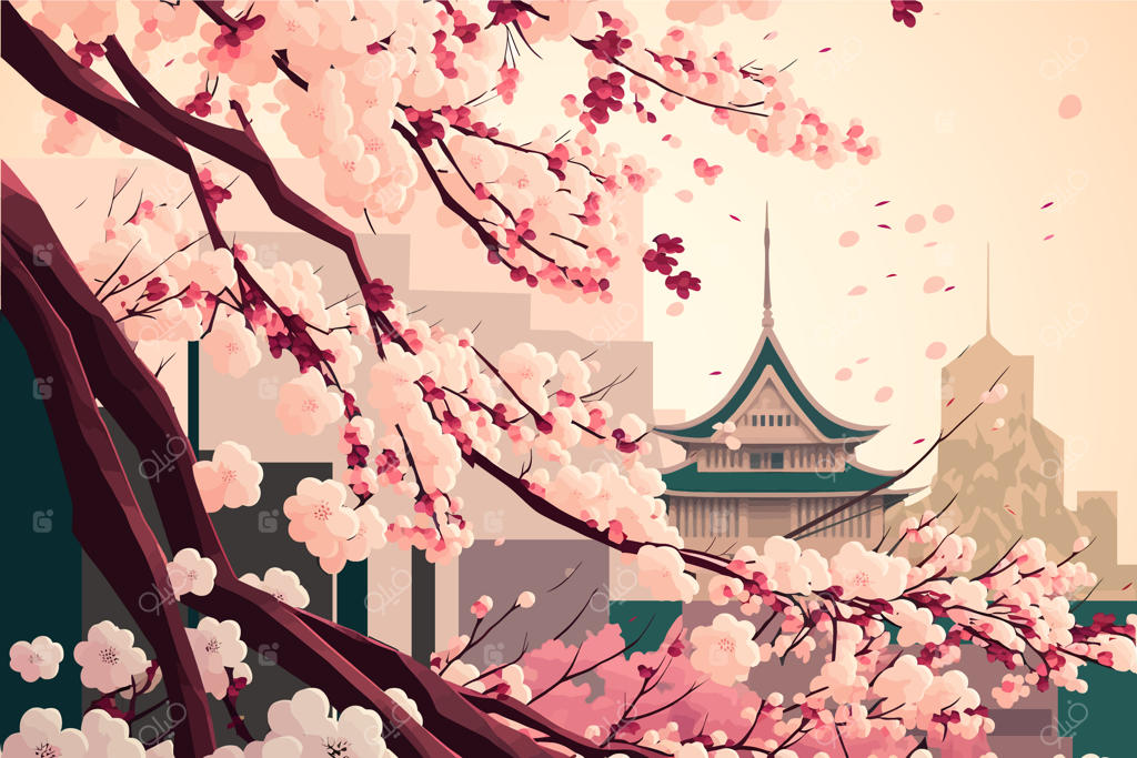 شاخه درخت شکوفه گیلاس با پس‌زمینه تصویر خانه ژاپنی