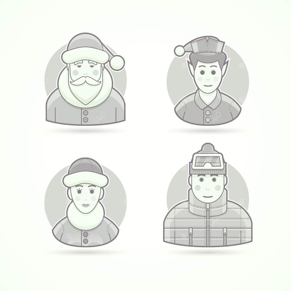 بابانوئل، الف کریسمس، زن قطبی، مرد با لباس گرم. مجموعه‌ای از شخصیت‌ها، آواتارها و تصویرسازی افراد. سبک سیاه و سفید با خطوط دور.