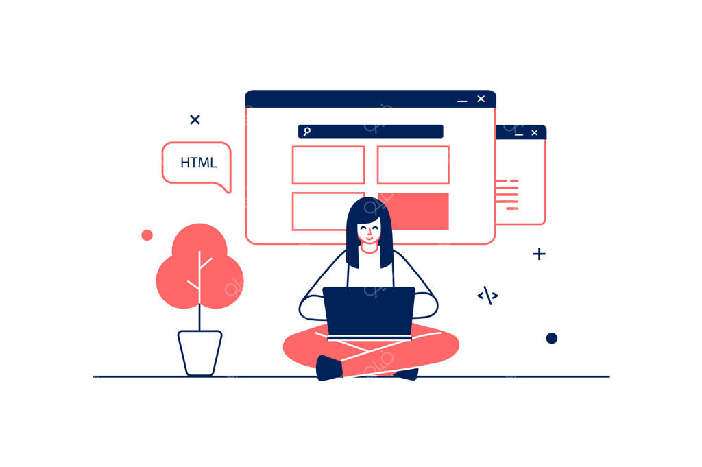 مفهوم توسعه وب با طراحی خطی ساده و حضور افراد - زن در حال ساخت و طراحی رابط‌های کاربری سایت و بهینه‌سازی برای صفحه‌نمایش‌های متفاوت، برنامه‌نویسی و پر کردن محتوای گرافیکی - تصویرسازی وکتوری برای وب