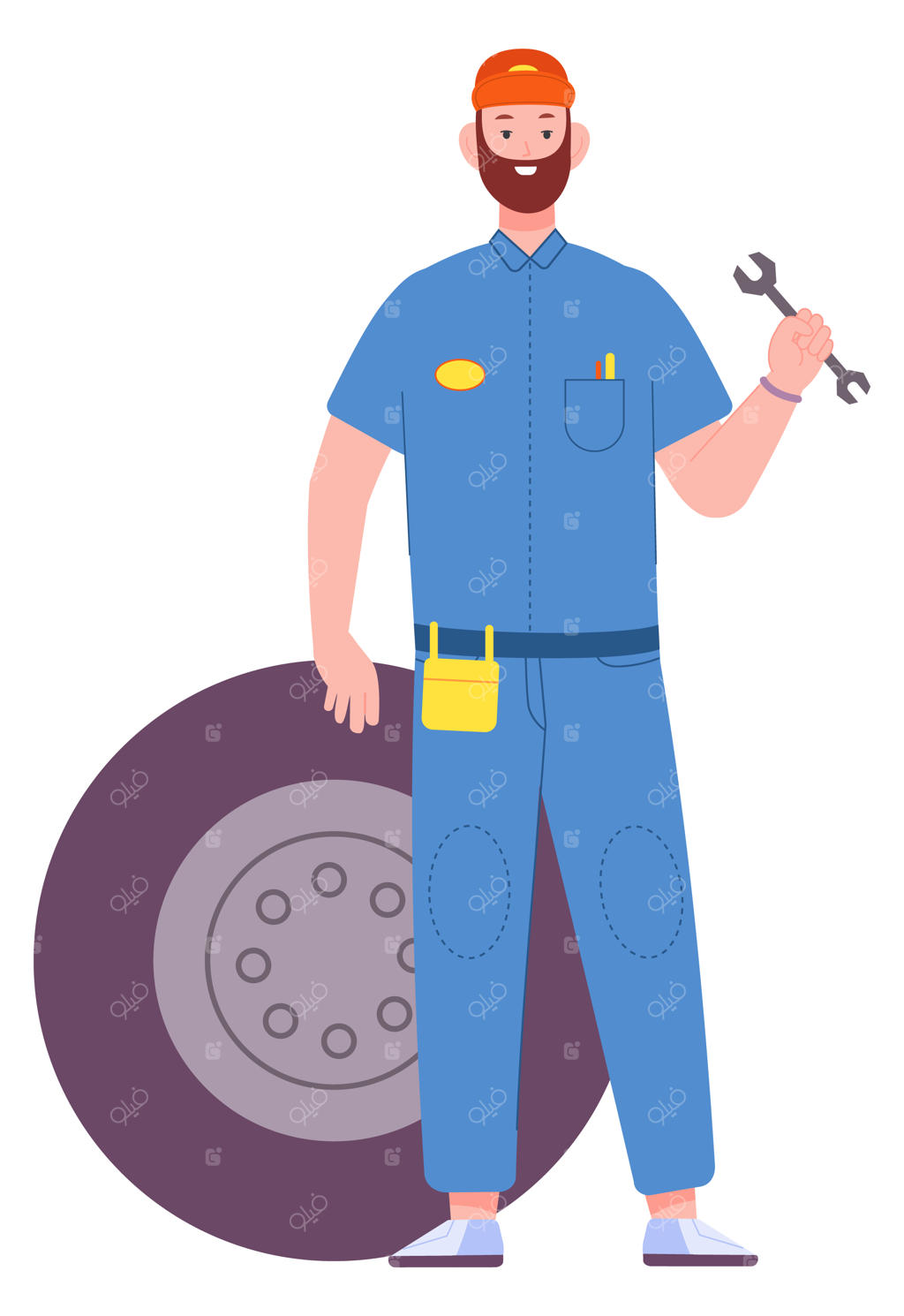 کاراکتر و مسکات رنگی مکانیک خودرو، جدا شده در پس‌زمینه سفید