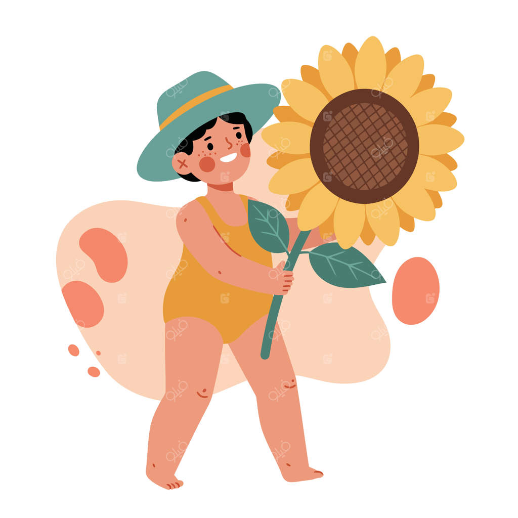 کودکی با کلاه سبز و لباس زرد در باغ تابستانی با گل آفتابگردان بزرگ - نقاشی طبیعت