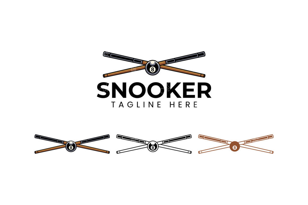 طراحی لوگوی بیلیارد با توپ سیاه و چوب‌های متقاطع: طرحی از میز بیلیارد با توپ ۸ و عنصر چوب‌های متقاطع. لوگویی برای باشگاه ورزشی و مسابقات بیلیارد با نماد توپ و چوب بیلیارد.