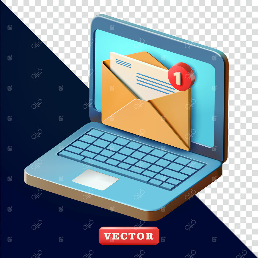 لپ‌تاپ و پاکت نامه، سه‌بعدی. مناسب برای ارتباطات، فناوری و طراحی