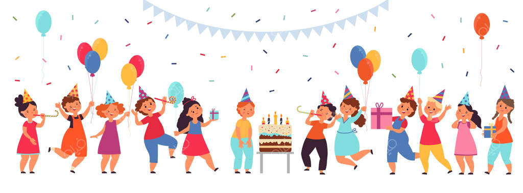 کودکان کارتونی در جشن تولد - پسرکی در حال جشن گرفتن با کیک روی میز و بچه‌های کوچک. رویدادی با شیرینی‌ها و دختری شادمان در حال جشن. پوستر وکتور شادمانی.