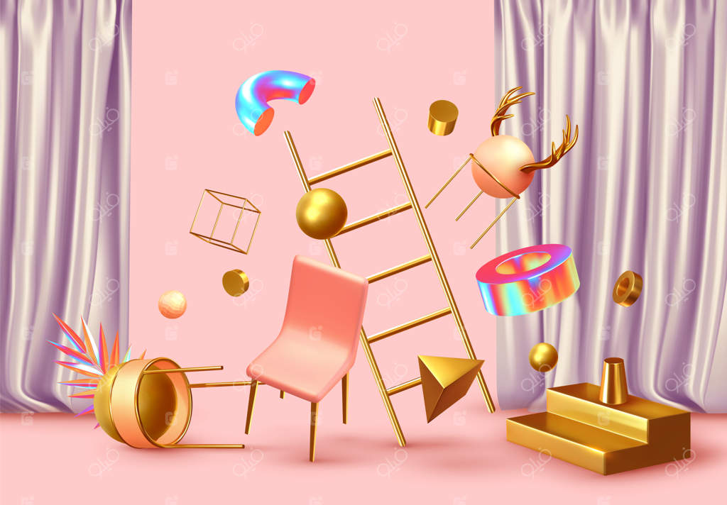 پس‌زمینه‌ای انتزاعی از آشوب با اشیاء سه‌بعدی. اشکال هندسی واقع‌گرایانه. طراحی درهم و برهم.