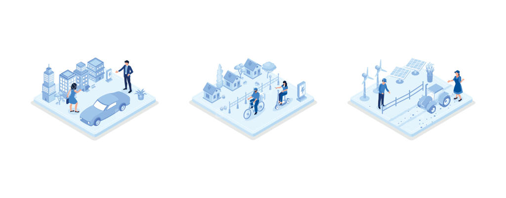 ماشین برقی در مرکز شهر مدرن، شخصیت در حال رانندگی اسکوتر الکتریکی و مزرعه هوشمند با توربین‌های بادی و پانل‌های خورشیدی. مفهوم آینده پایدار، مجموعه‌ای با تصویرسازی ایزومتریک.