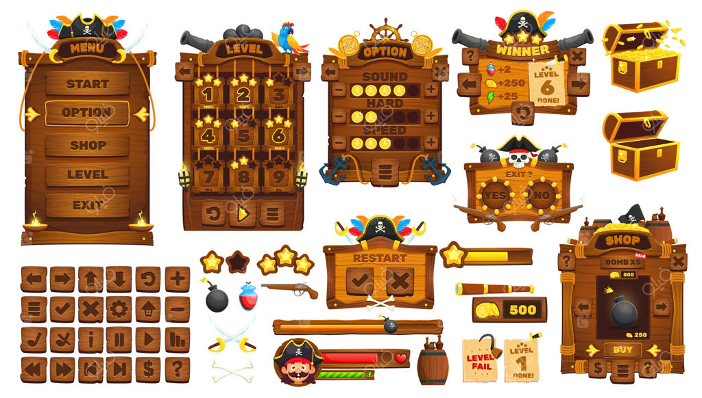 دکمه‌ها و دارایی‌های رابط کاربری بازی دزدان دریایی و کُرسِرها