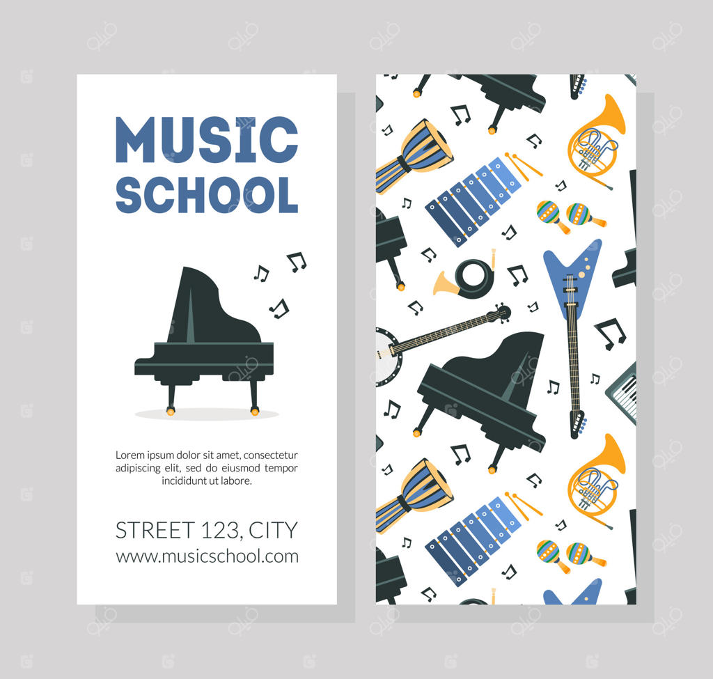 قالب کارت ویزیت مدرسه موسیقی با طراحی سازهای موسیقی و فضای نوشته