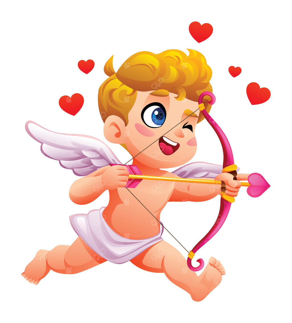 کماندار عشق با چشمانی خمار: کیوپید در حال نشانه‌گیری با پیکان قلبی و محاصره شده با قلب‌های عاشقانه. تصویر کارتونی