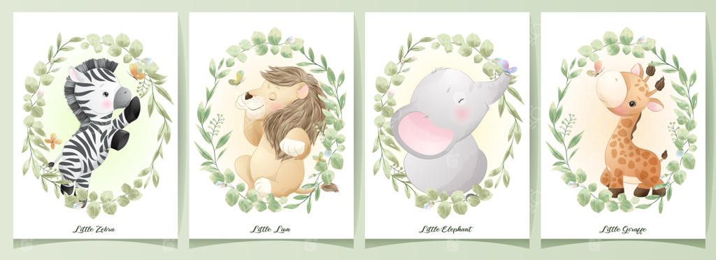 مجموعه تصویرسازی دستی حیوانات بامزه و طرح‌های گل‌دار