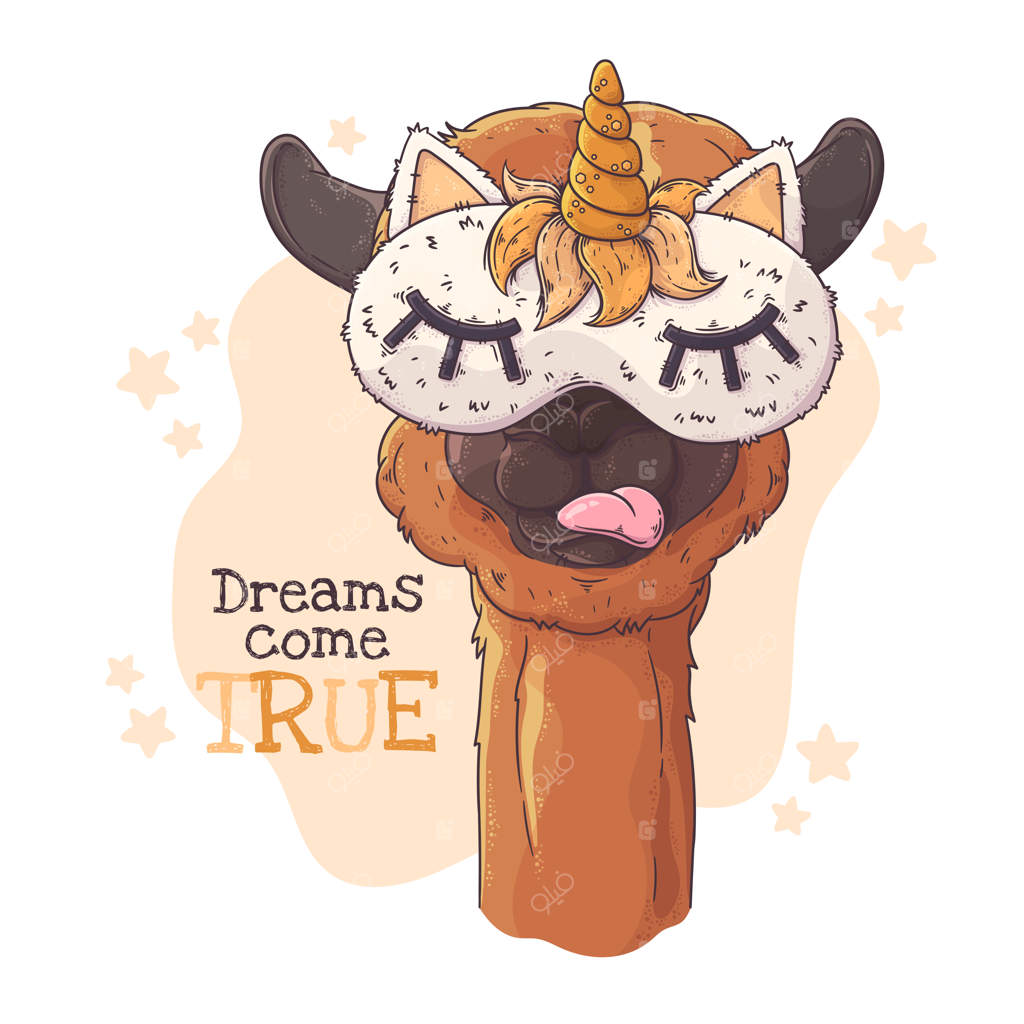 تصویرسازی دستی: پرتره ای از آلپاکای بامزه با چشم‌بند خواب.