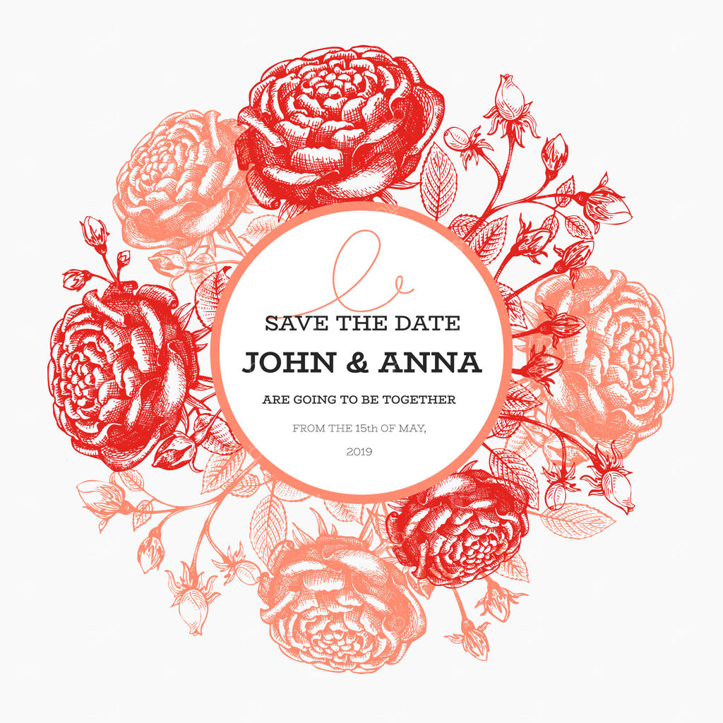 قالب کارت دعوت عروسی. طرح کلاسیک. حلقه گل