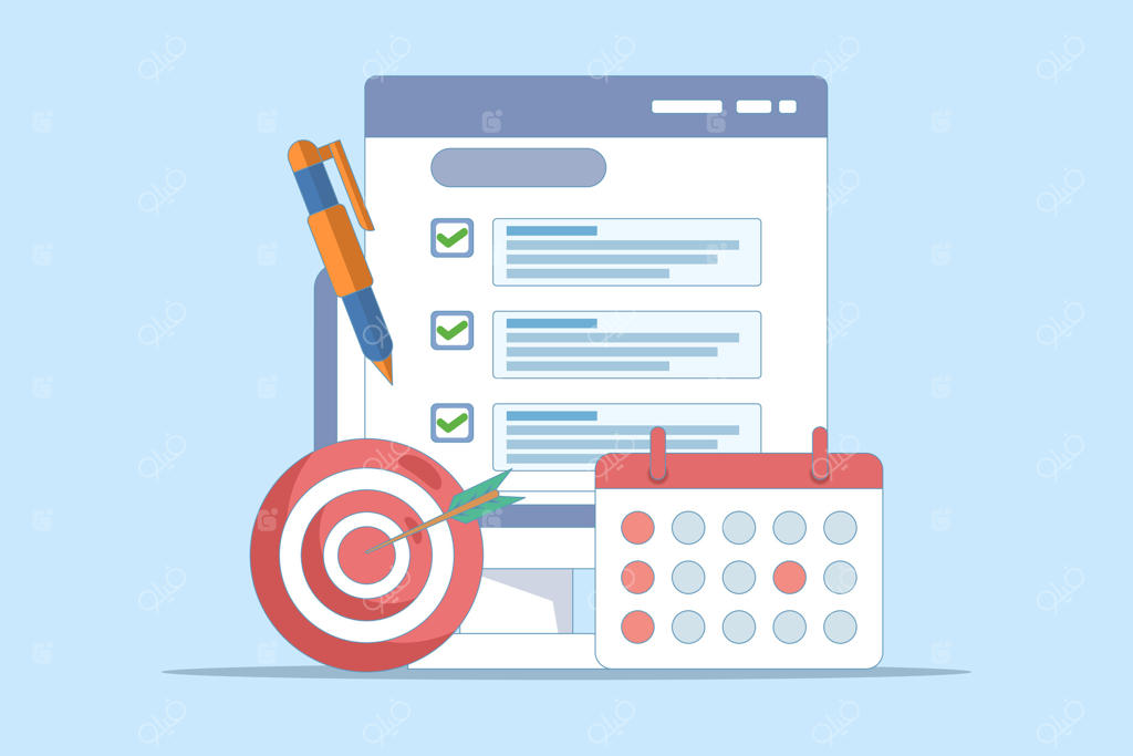 مفهوم دستیابی: فهرست اهداف یا اقدامات آینده بر روی صفحه دستگاه. پیکان به سوی هدف و تقویم در نزدیکی گوشی هوشمند. طراحی کارتونی در پس‌زمینه.