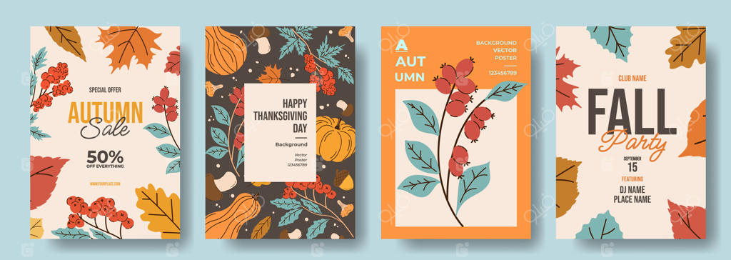 پاییز، روز شکرگزاری با طراحی مدرن و شیک: قالب کارت پستال، پوستر، بنر و دعوتنامه با برگ‌ها، شاخه‌ها، توت، قارچ و کدو تنبل. فروش ویژه و دعوتنامه برای جشن و وب.
