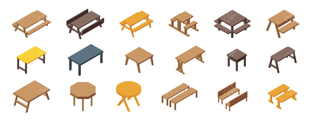 مجموعه آیکون‌های پیک‌نیک با میز چوبی - وکتور ایزومتریک. پارک باغ خالی