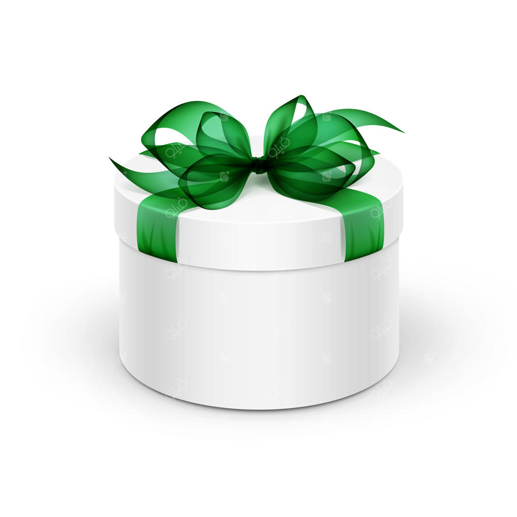 جعبه هدیه سفید گرد با روبان و پاپیون سبز در پس‌زمینه مجزا