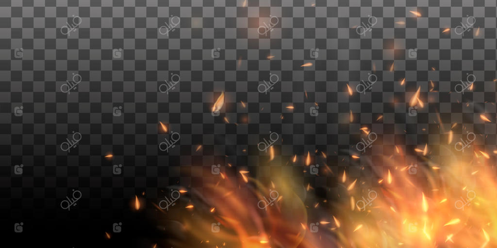 تصویر واقعی و رنگارنگ از شعله‌های آتش با انعکاس افقی، دود و جرقه‌ها در پس‌زمینه سیاه. پس‌زمینهٔ انتزاعی آتش.