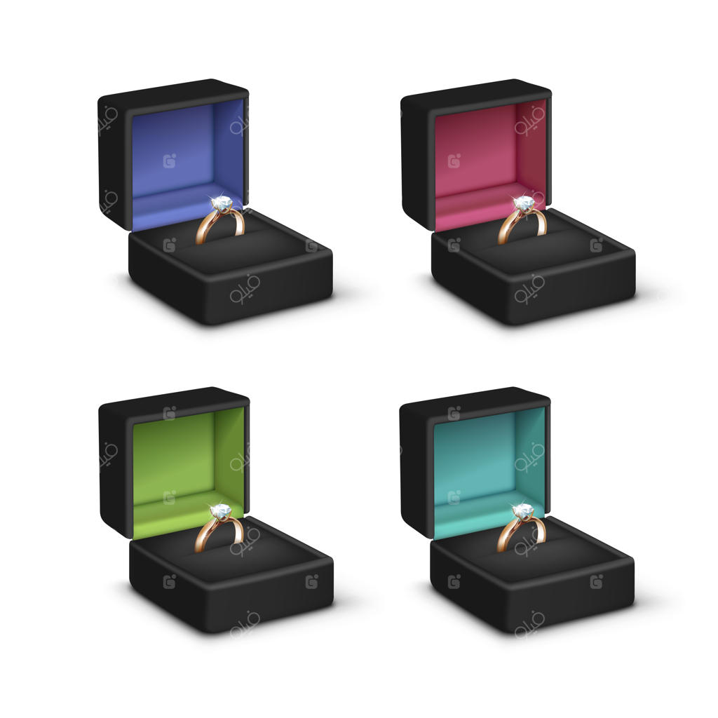 حلقه‌های نامزدی طلایی با الماس‌های شفاف و جعبه‌های جواهر سیاه‌رنگ