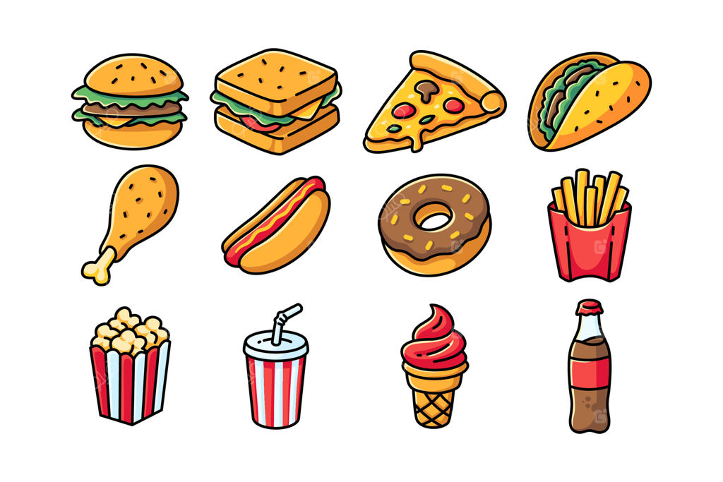 آیکون‌های فست فود در سبک کارتونی رنگارنگ برای کافه‌ها و رستوران‌ها. بسته طراحی آیکون غذای ناسالم و اسنک برای منو. مجموعه‌ای از نقاشی‌های غذا و نوشیدنی خیابانی برای پوستر کودکان. تصویر سازی