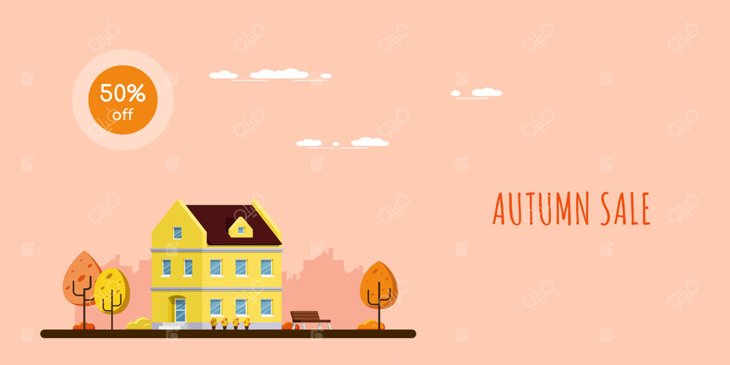 بنر فروش پاییزه، تصویر یک خانه با درختان در منظره‌ روستایی، تصویرسازی به سبک تخت