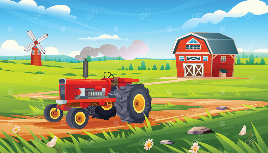 چشم‌انداز مزرعه روستایی. تراکتور قدیمی در حال عبور از جاده روستایی با گل‌ها، انبار و آسیاب بادی. تصویر سازی کارتونی