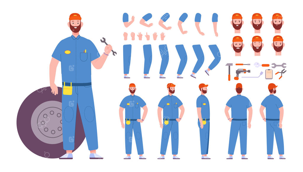 وکتور کاراکتر کارتونی مکانیک و تعمیرکار خودرو؛ مجموعه ژست‌های انیمیشنی تکنسین ماهر در حال تعمیر موتور و نصب چرخ