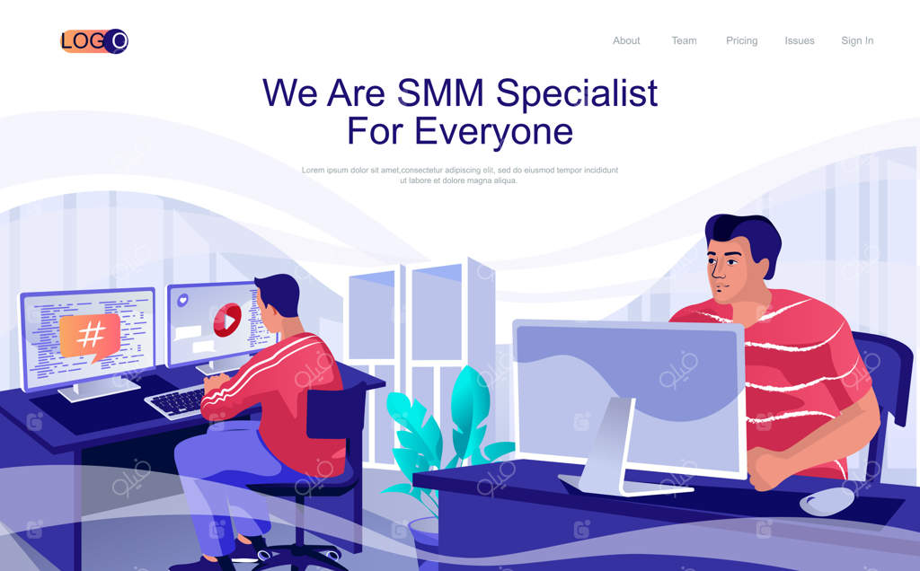 صفحه فرود ایزومتریک متخصص رسانه‌های اجتماعی - افراد در حال کار با کامپیوتر و تولید محتوا