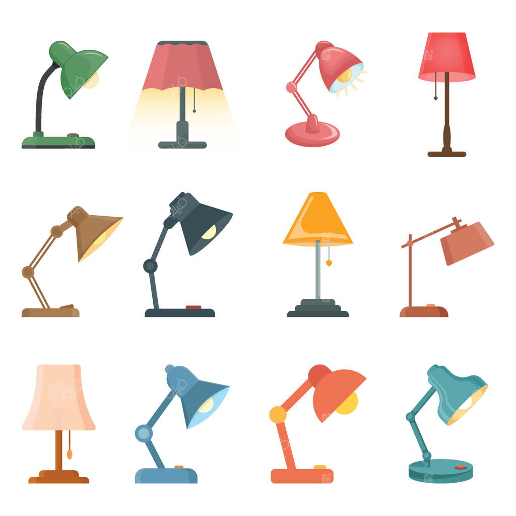 مجموعه آیکون‌های چراغ رومیزی به سبک تخت. تصویر نورافکن در پس‌زمینه‌ای جداگانه. مفهوم کسب‌وکار با نماد لامپ.