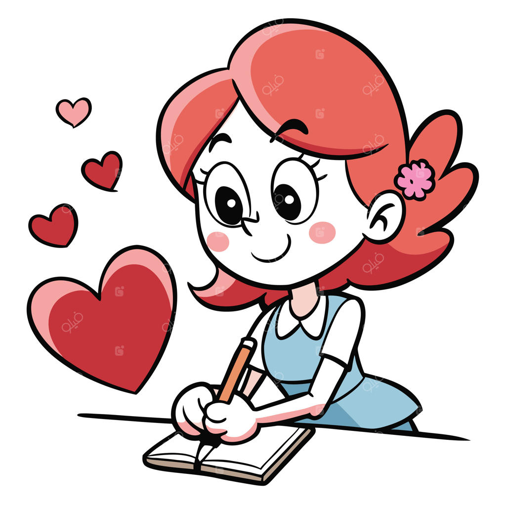 دختر کارتونی بامزه در حال نوشتن در دفترچه با قلب‌های قرمز اطرافش