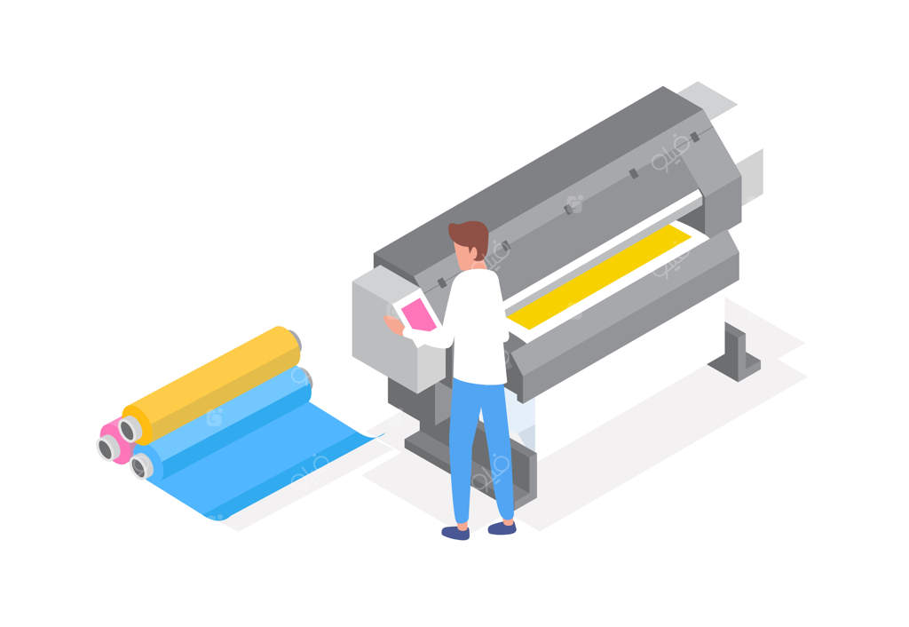 کارشناس حرفه‌ای پلی‌گرافی: شخصیت مرد در حال کار با پلاتر. تجهیزات چاپخانه برای چاپ کاغذ با فرمت بزرگ. تصویر ایزومتریک با پس‌زمینه سفید.