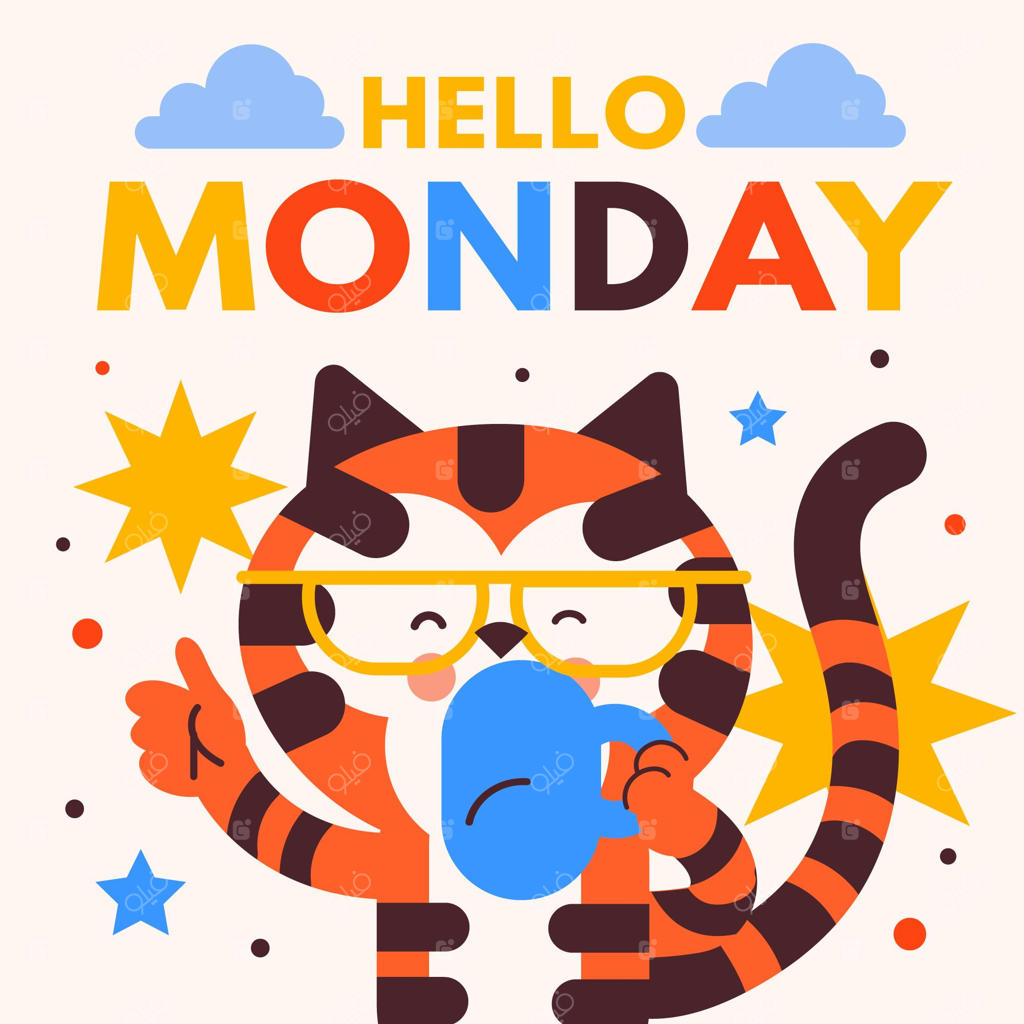 سلام دوشنبه با زمینه‌ای از گربه‌ای که قهوه می‌نوشد