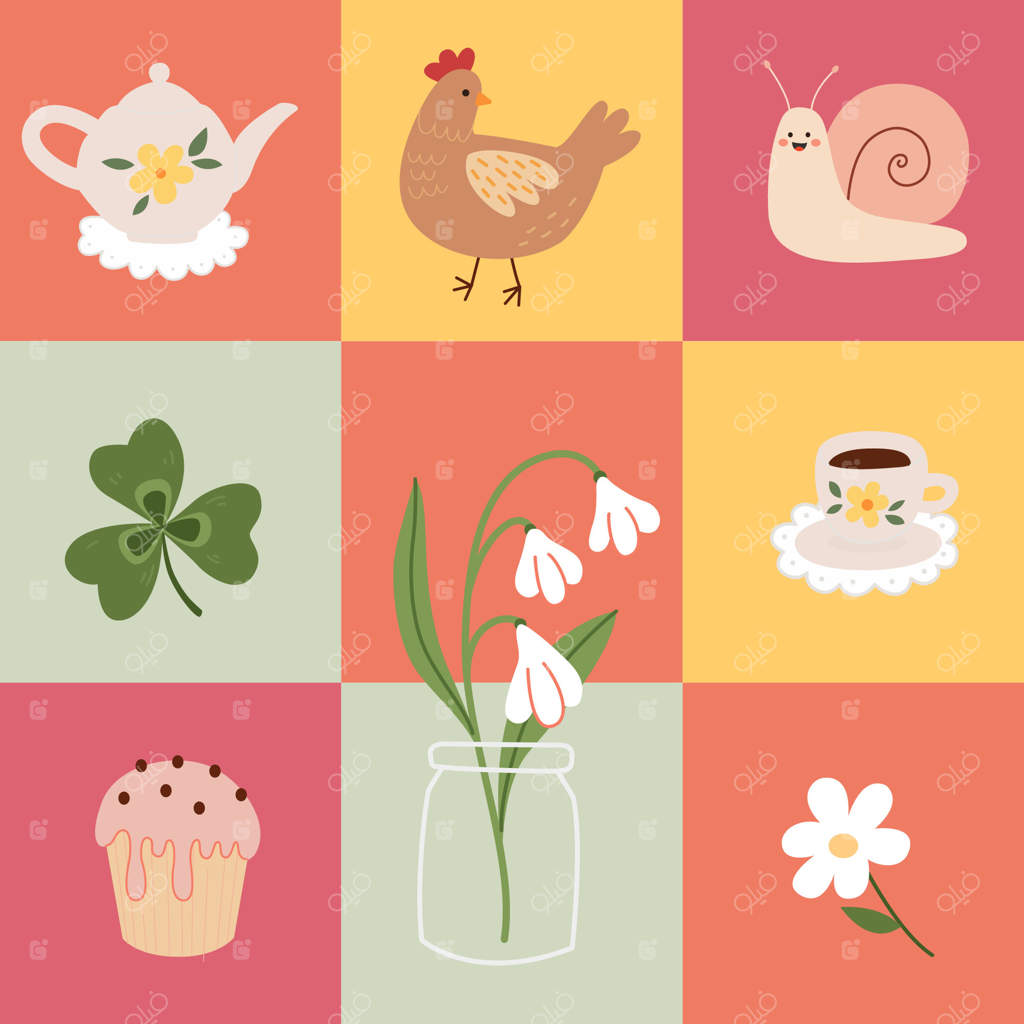 طرح شطرنجی هندسی با عناصر زیبای بهاری و باغی. پترن بی‌وقفه و جذاب.