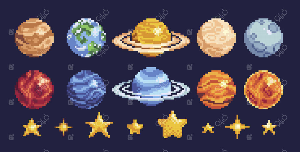 مجموعه نمادهای پیکسلی سیارات منظومه شمسی و ستارگان - عناصر نجومی