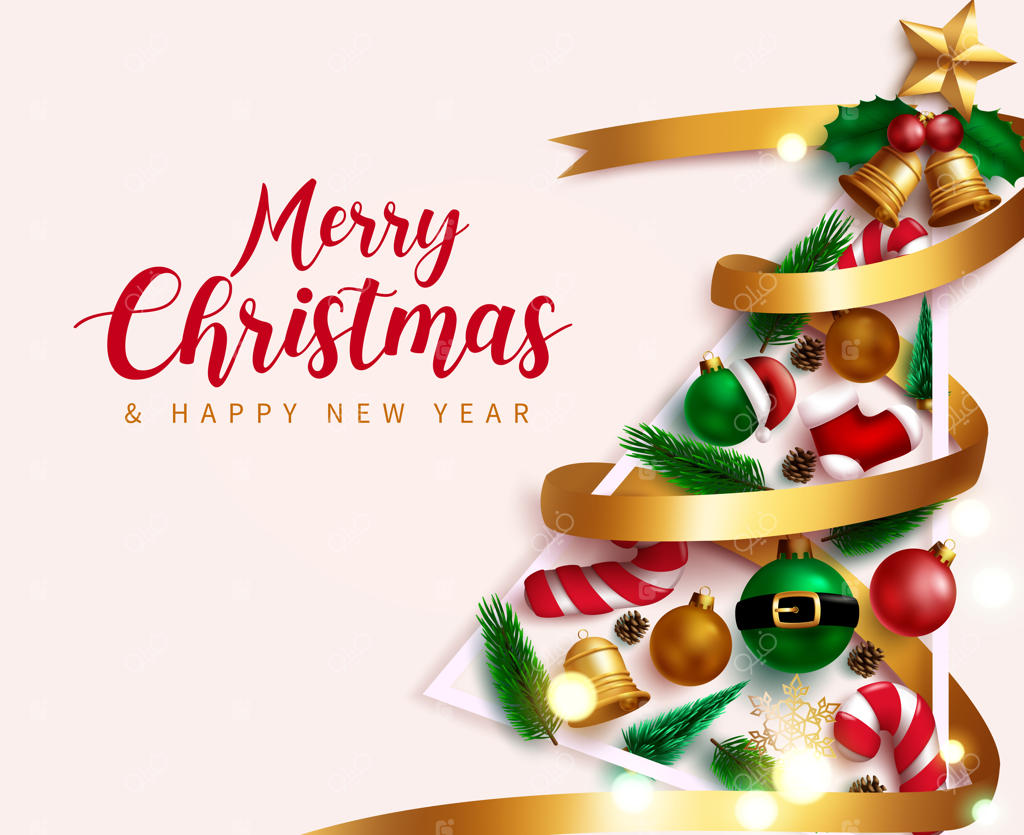 طرح وکتور تبریک کریسمس با متن "کریسمس مبارک" و تزئیناتی از توپ‌ها، برگ‌های کاج و نوارهای زیبا