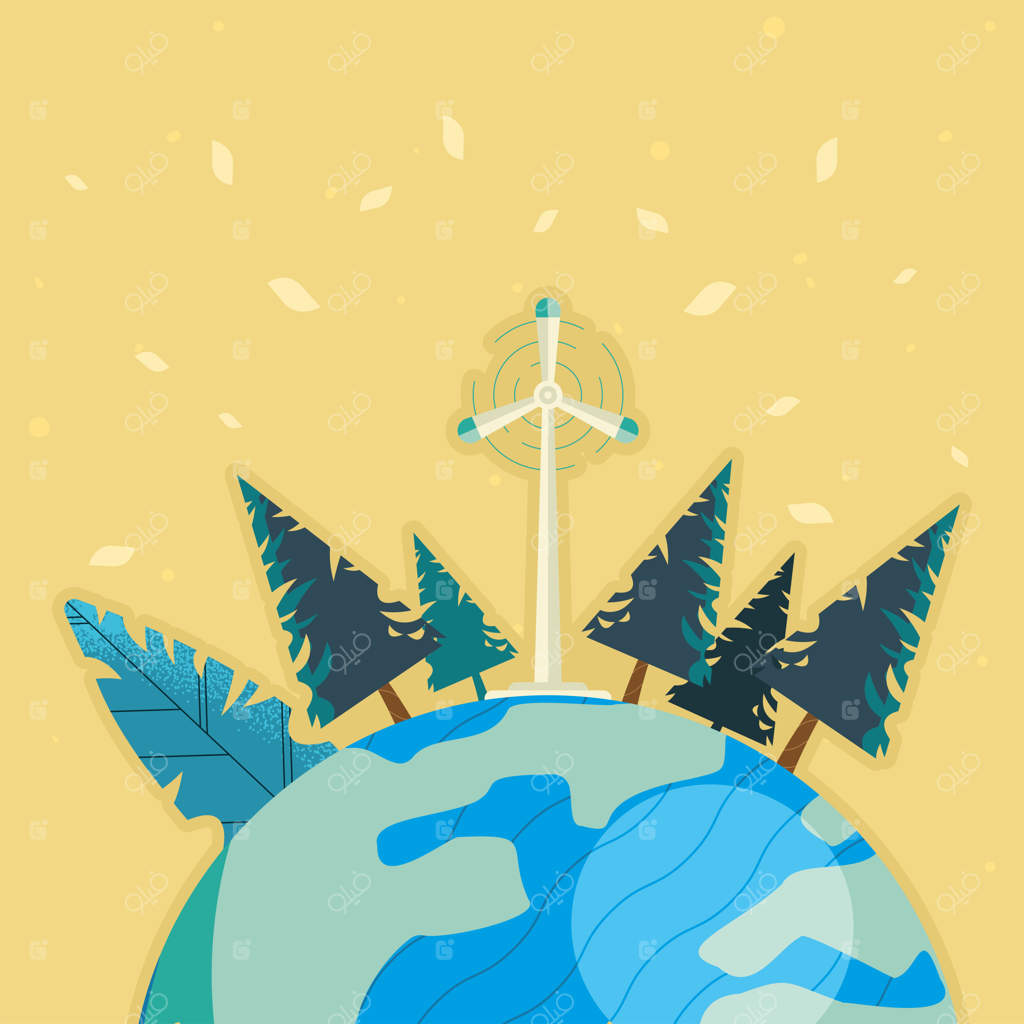 صحنه‌ای از زمین، آسیاب بادی و درختان