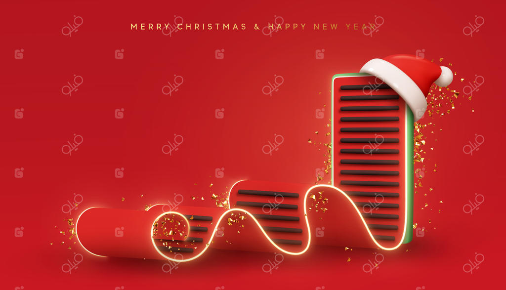 مفهوم خلاقانه کریسمس: قالب طراحی سه‌بعدی واقعی موبایل، صفحه قرمز با صفحه‌نمایش گوشی، نامه به بابا نوئل. لیست آرزوها و خریدهای سال نو. بنر و پوستر تبلیغاتی ویژه کریسمس.