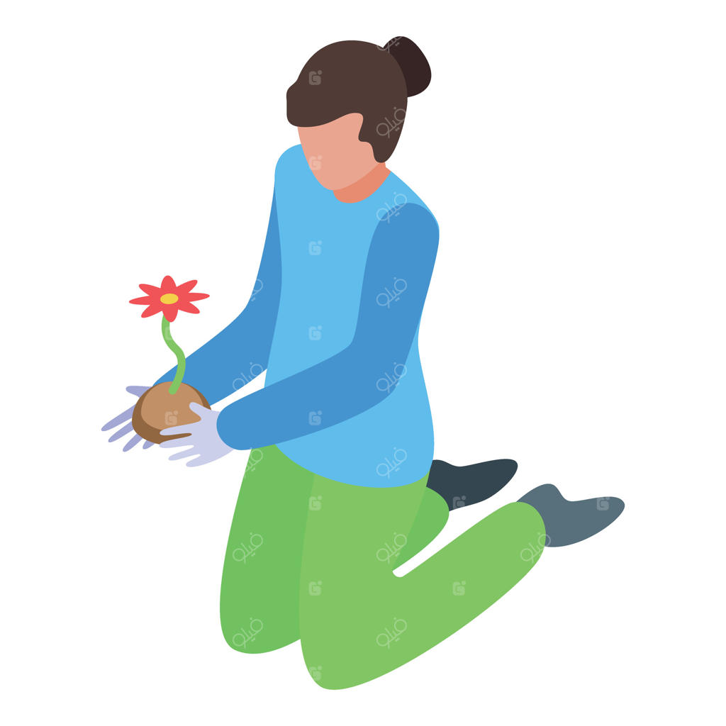 تصویر ایزومتریک باغبان زن با گلدان گل قرمز