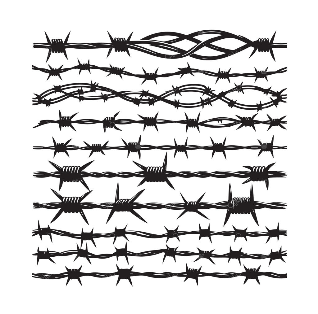 مجموعه سیم خاردار روی پس‌زمینه سفید. سیم تیغ‌دار به سبک مینیمال و هندسی مدرن. مجموعه ای از حصارهای خشن زندان. تصویرسازی مناسب برای طراحی وب.