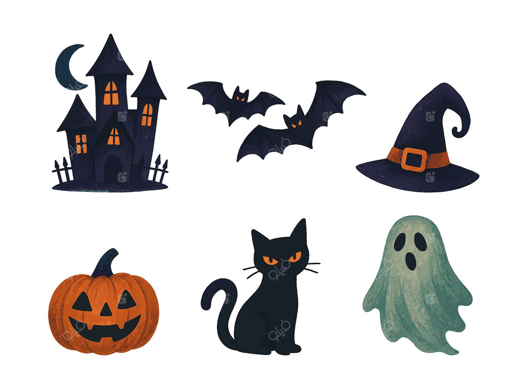 مجموعه کلیپ‌آرت ترسناک هالووین شامل خانه ارواح، خفاش، کدو تنبل، شبح و کلاه جادوگر