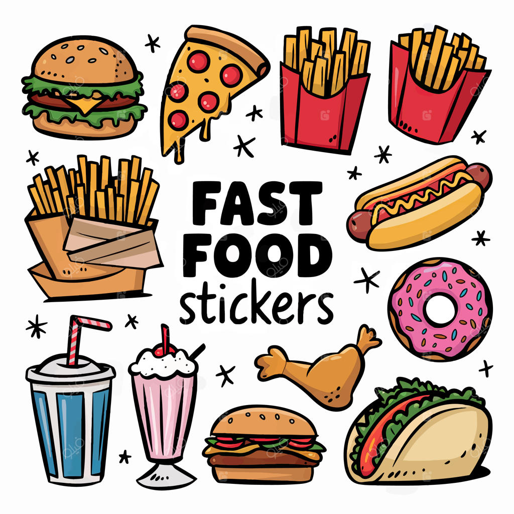 طرح کارتونی استیکرهای فست‌فود با نوشته Fast Food Stickers