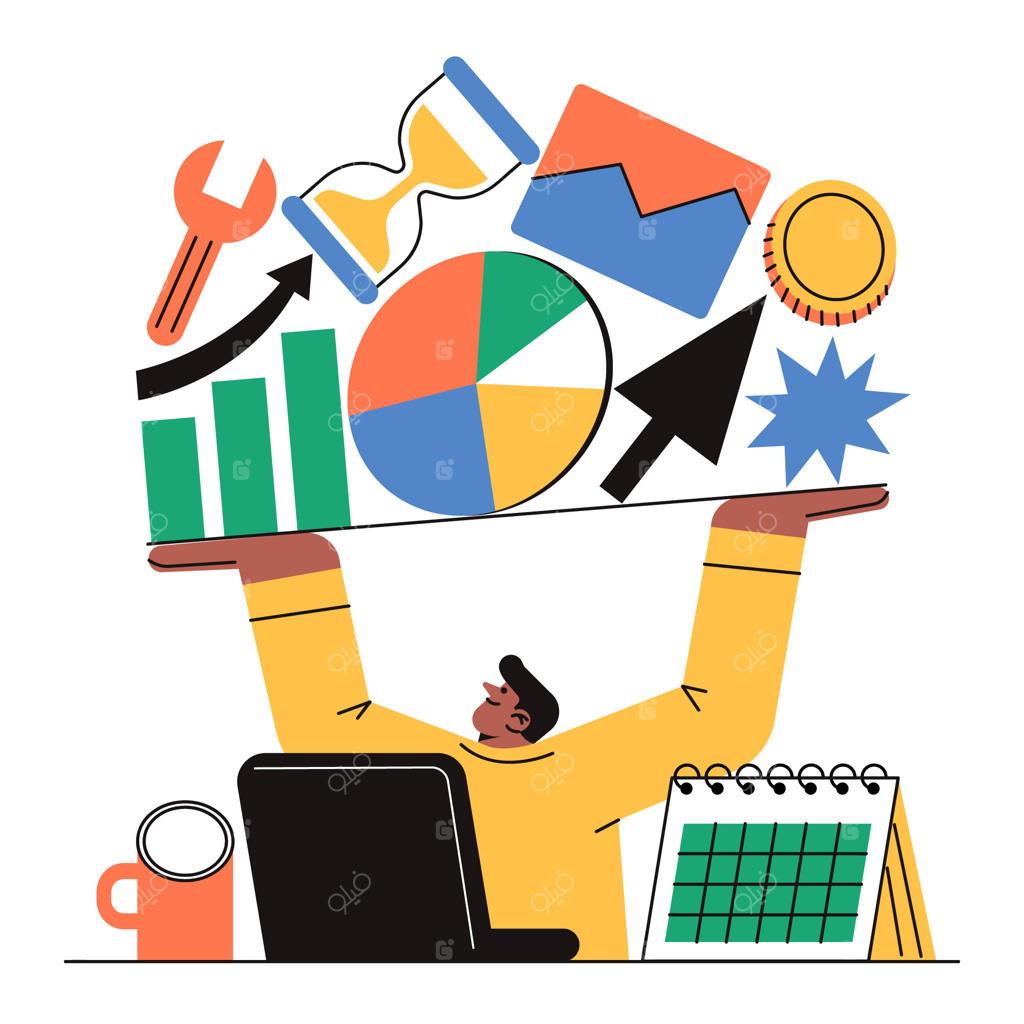 کارآفرین در حال حمل آیکون‌های کسب‌وکار و امور مالی