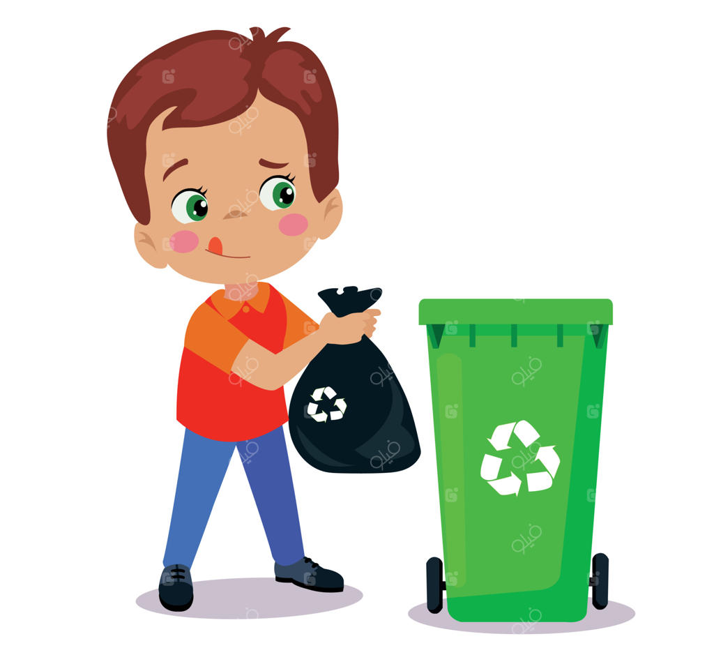پسر بامزه‌ای که زباله‌ها را در سطل بازیافت می‌اندازد