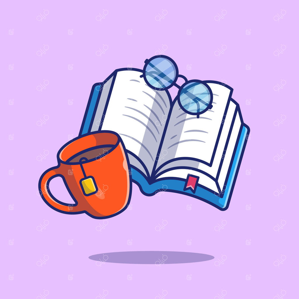 آیکون وکتور کارتونی کتاب، عینک و قهوه: نماد نوشیدنی آموزشی. وکتور ممتاز به سبک مسطح