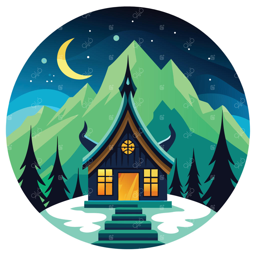 کلبه دنج و روشن در کوهستان زمستانی زیر آسمان مهتابی