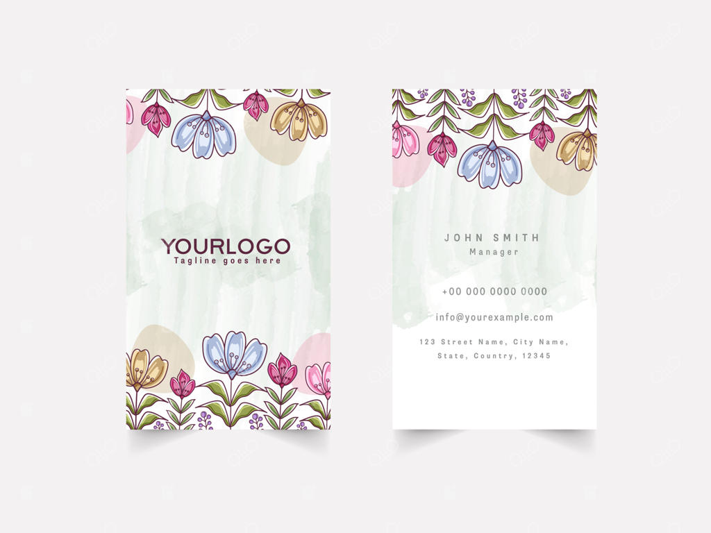 قالب کارت ویزیت گلدار عمودی، طرح جلو و پشت.