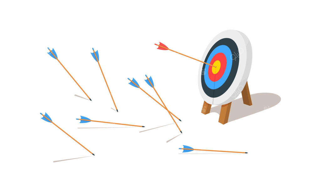 حلقه هدف تیراندازی با یک تیر موفق و تعداد زیادی تیر خطا. تخته دارت روی سه‌پایه. ایده دستیابی به هدف. نماد موفقیت و شکست در تجارت. مفهوم کارایی و دقت.