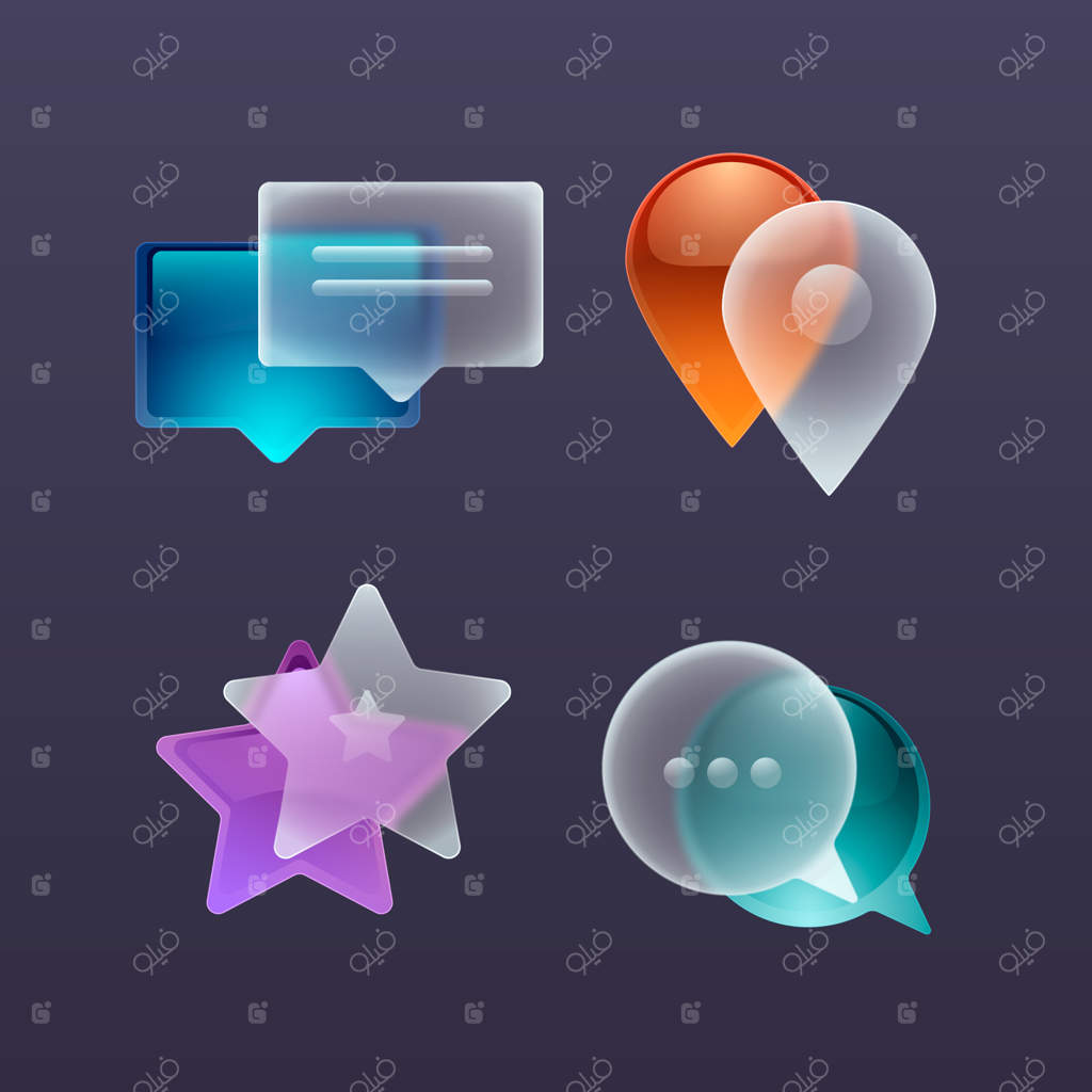 مجموعه آیکون با افکت شیشه‌ای واقع‌گرایانه