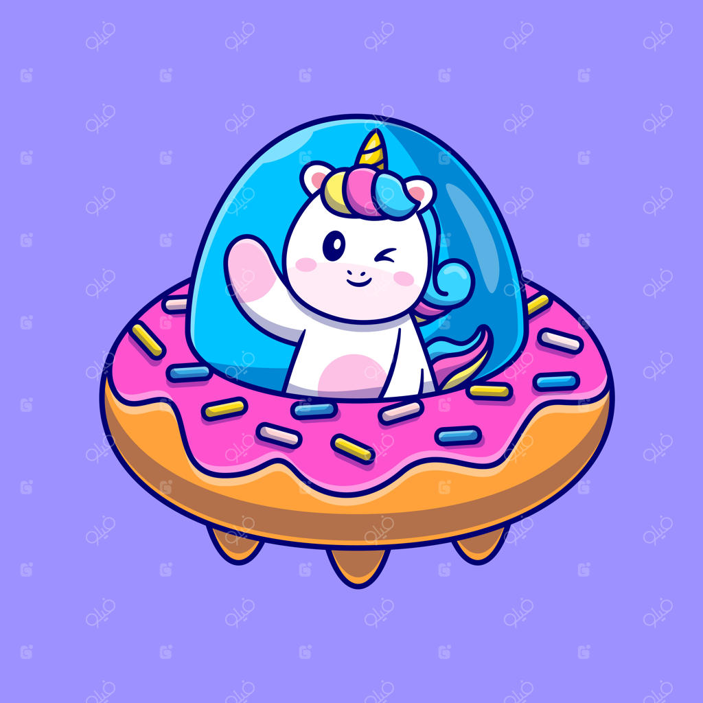 پرواز بامزه تک‌شاخ با بشقاب پرنده دوناتی، تصویر کارتونی وکتور