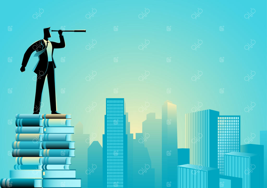 تاجر با تلسکوپ بر روی توده‌ای از کتاب‌ها ایستاده است